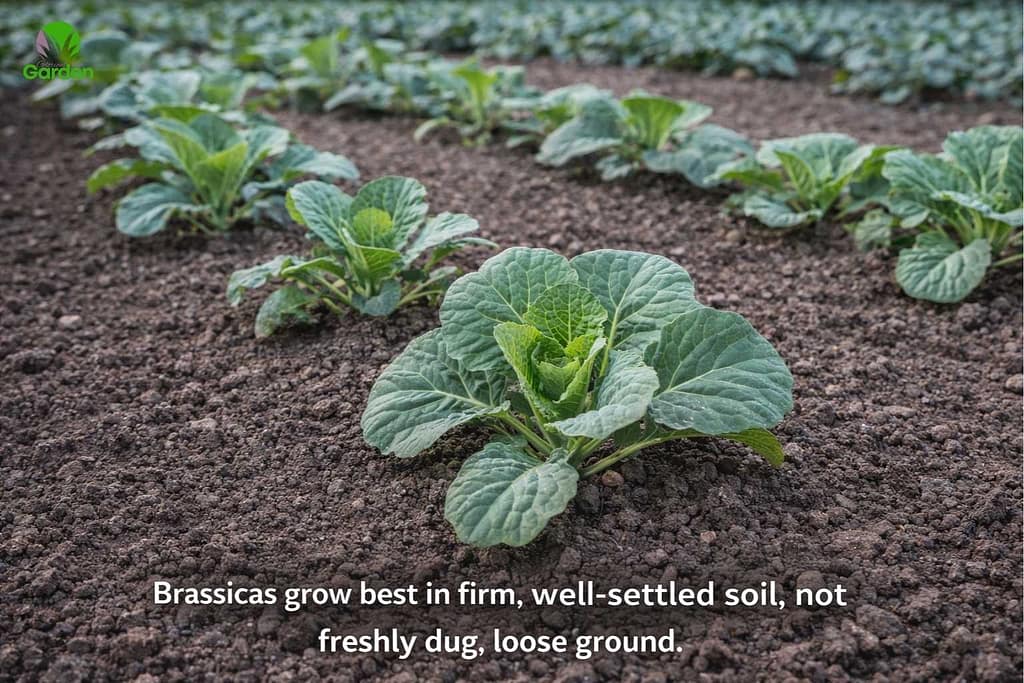 Young brassica plants growing in firm, well-settled soil in a UK vegetable garden