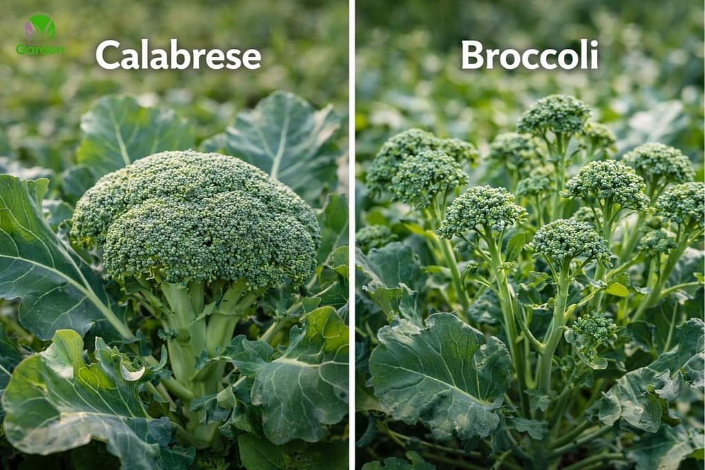 Calabrese with a single central head compared with sprouting broccoli producing multiple side shoots
