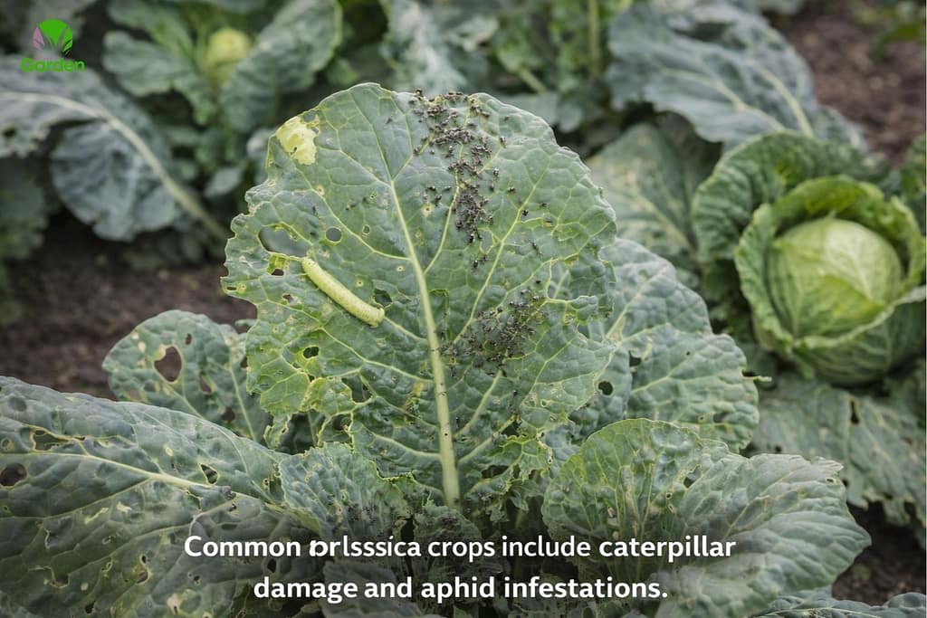 Brassica leaves showing caterpillar damage and aphids on a cabbage plant in a UK garden