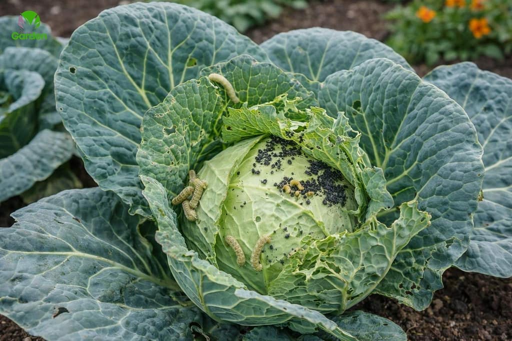 Cabbage leaves showing caterpillar damage and aphids on a cabbage plant in a UK garden