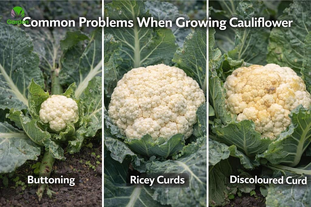 Cauliflower showing buttoning, ricey curds and discoloured curd in a UK garden