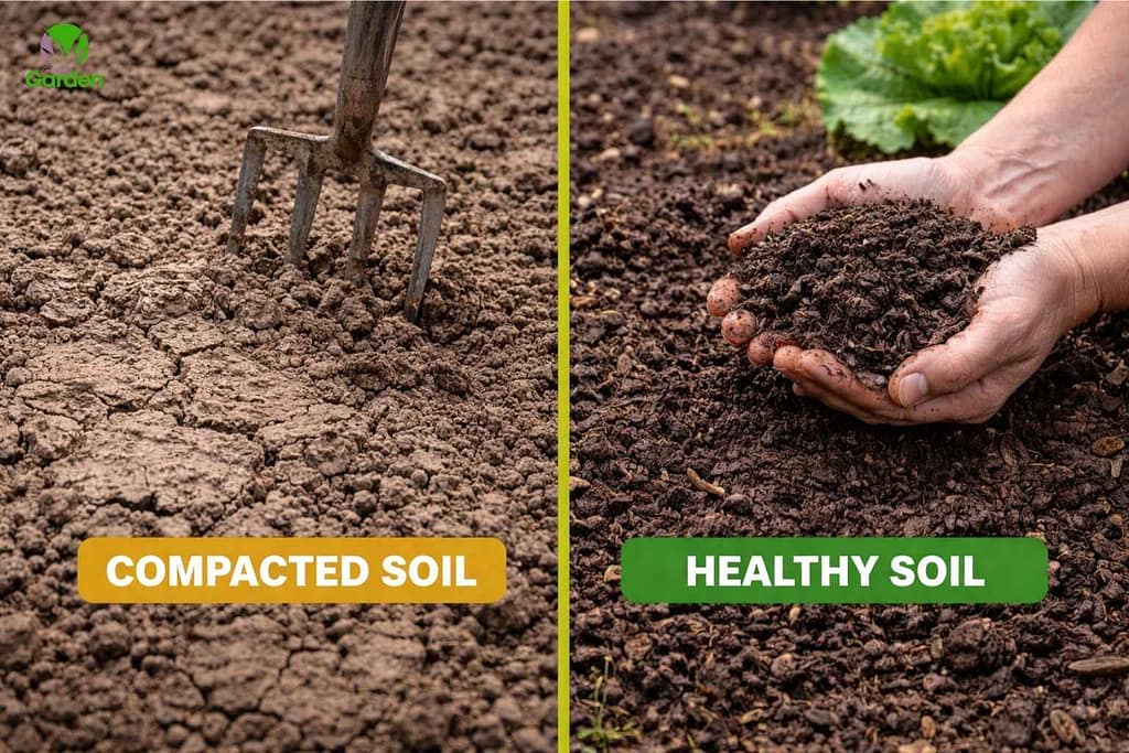Compacted garden soil compared with loose healthy soil structure in a vegetable bed