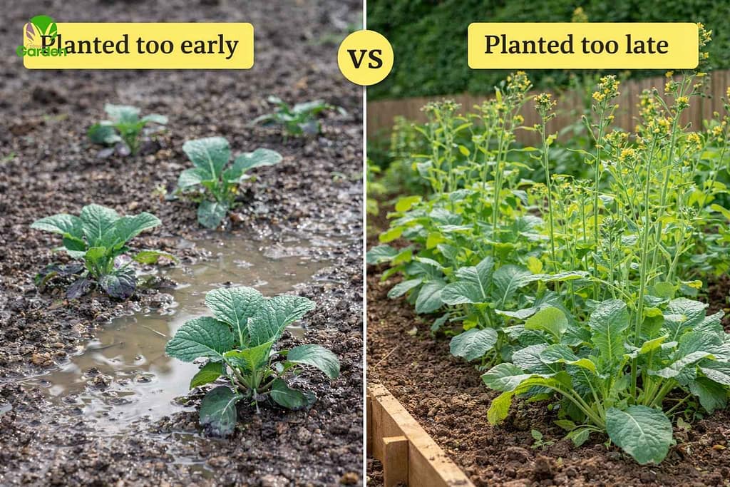 Brassicas planted too early in cold soil compared with brassicas planted too late in warm conditions