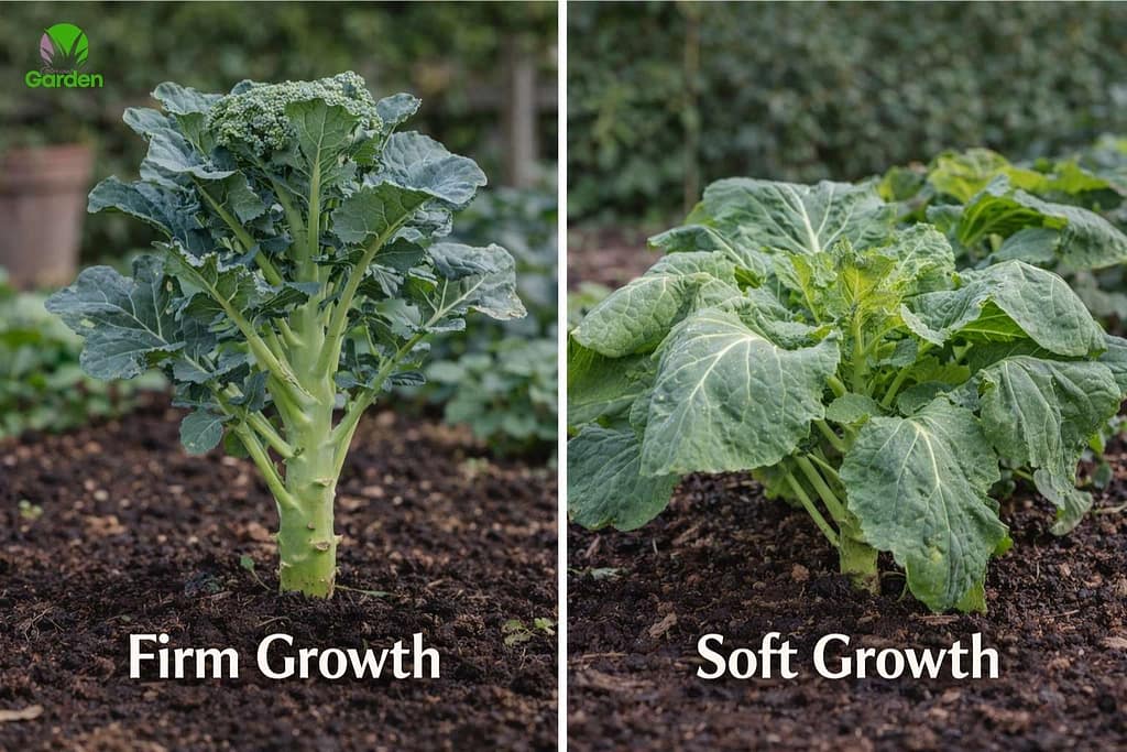 Comparison showing firm growth versus soft growth in brassicas caused by correct and excessive feeding in a UK garden