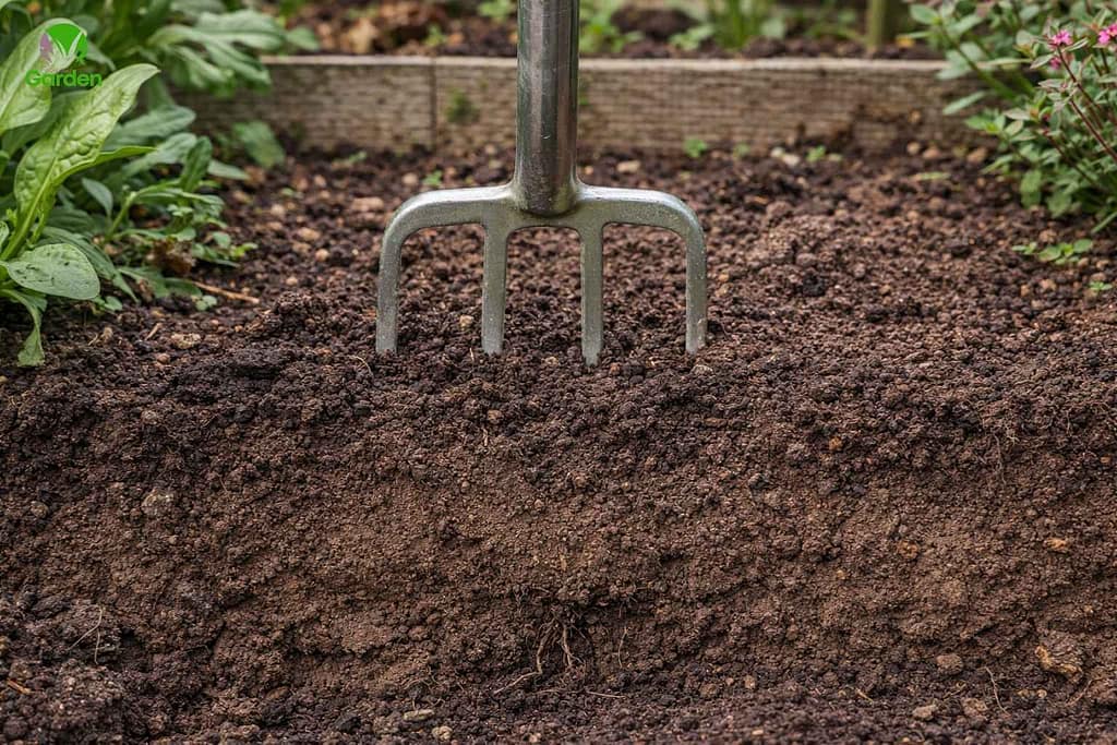 Garden fork pushed into hard soil showing compacted garden soil in a UK vegetable bed