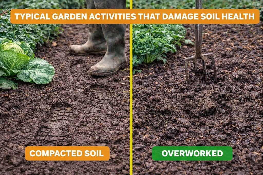 Compacted garden soil from foot traffic beside overworked soil in a vegetable bed