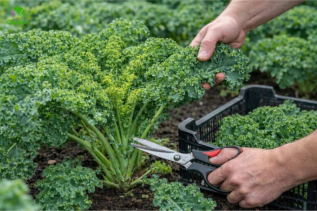 Harvesting kale in UK gardens by picking outer leaves from the plant