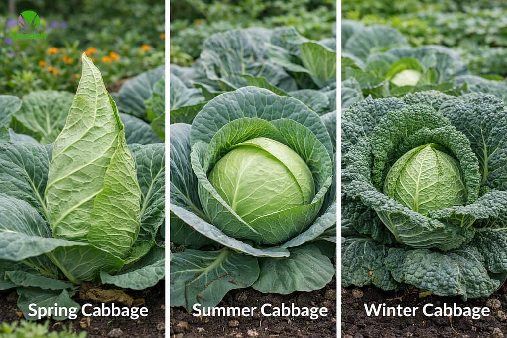 Different types of cabbage including spring, summer and winter varieties growing in a UK garden