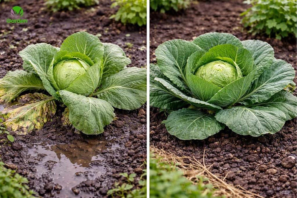 Overwatered brassica plant with yellowing leaves compared to a healthy brassica grown with correct watering