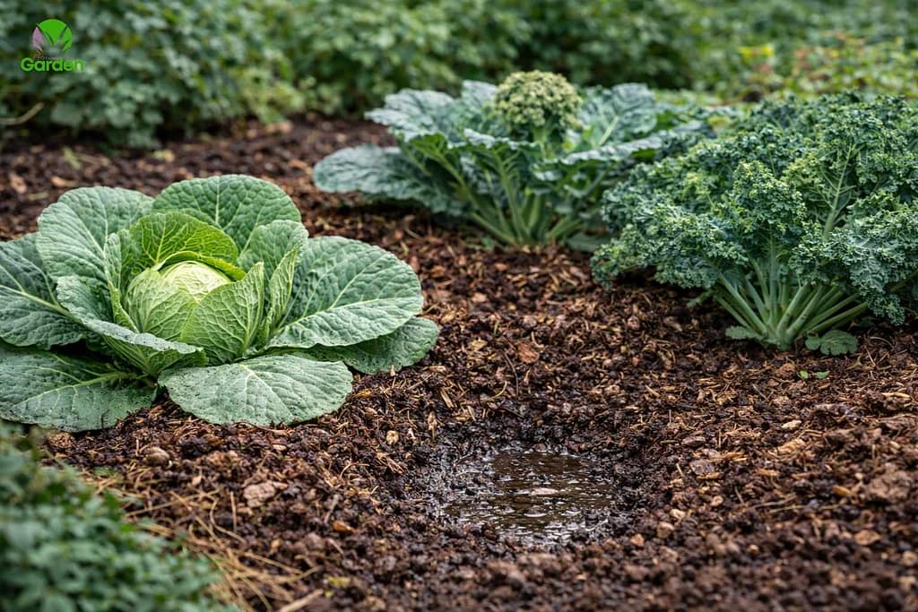 Mulched brassica plants in a UK vegetable garden showing even soil moisture without waterlogging