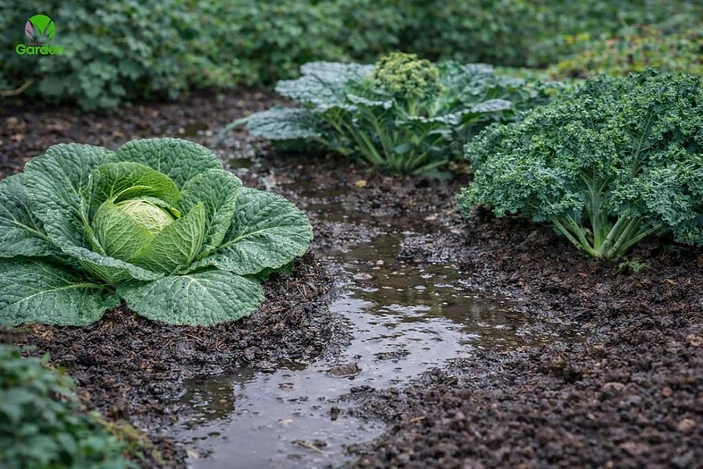 Waterlogged garden soil after rain in a UK vegetable bed with cabbage and kale growing