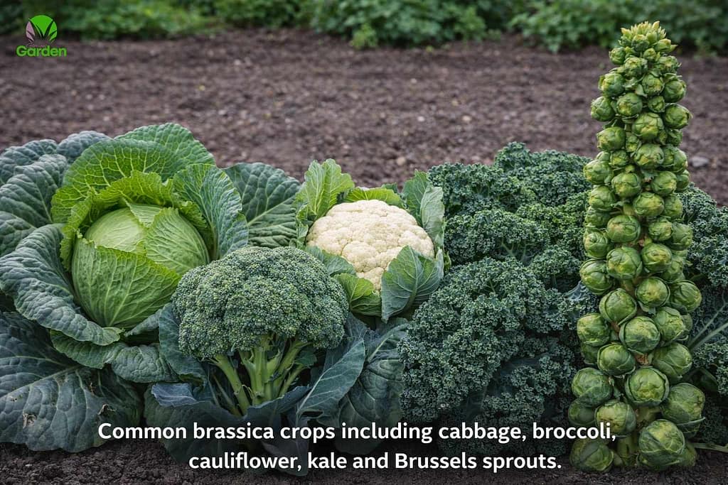 Different brassica vegetables including cabbage, broccoli, cauliflower, kale and Brussels sprouts