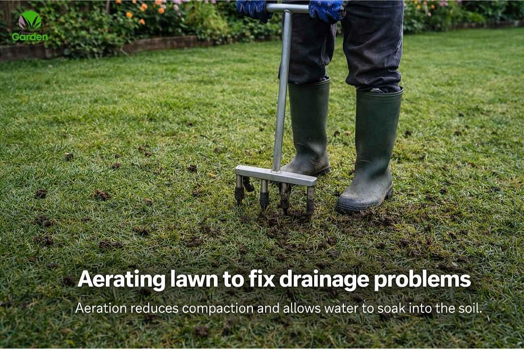 Aerating a lawn to improve poor drainage and reduce soil compaction