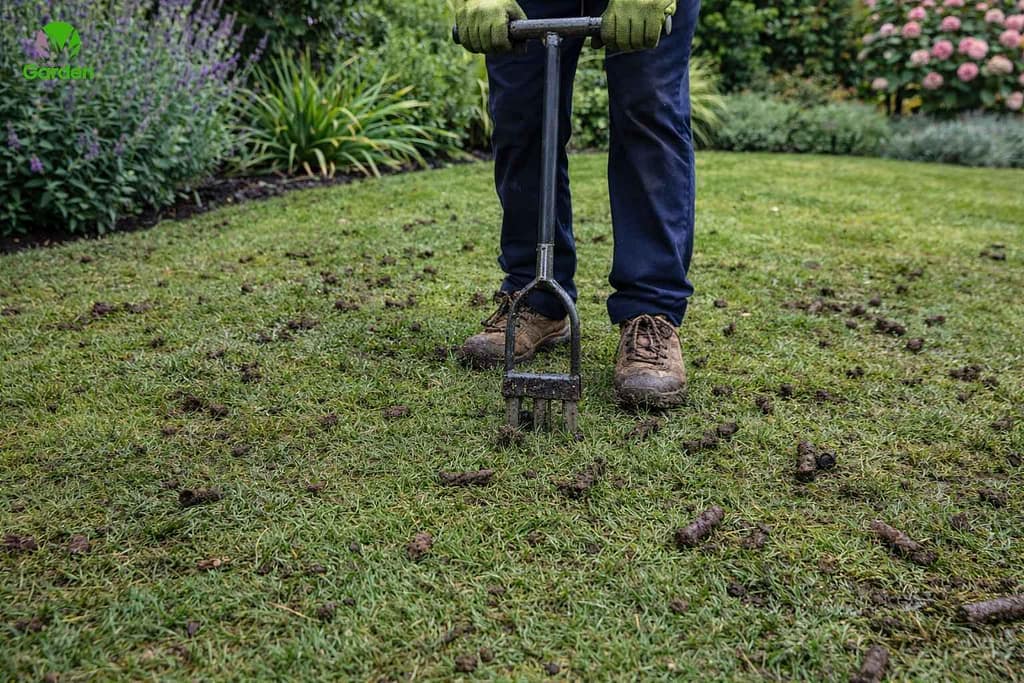 Aerating a lawn to improve drainage in a waterlogged garden