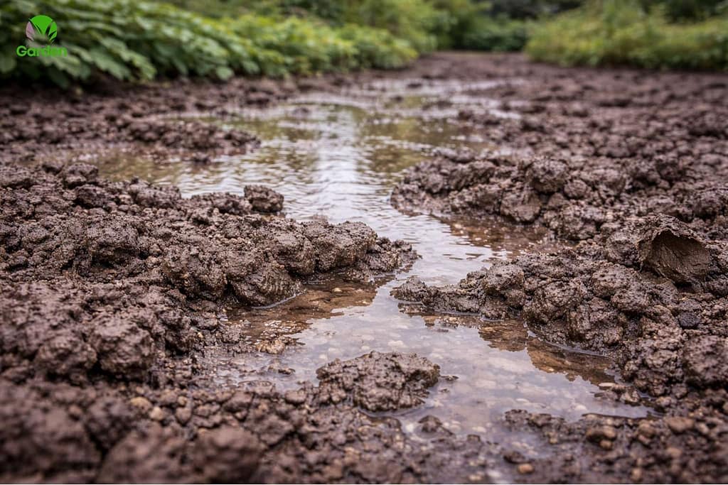 Heavy clay soil in a UK garden holding water after rainfall