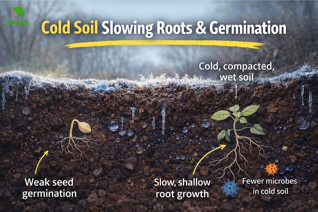 Cold spring soil slowing seed germination and shallow root growth in vegetable garden beds.