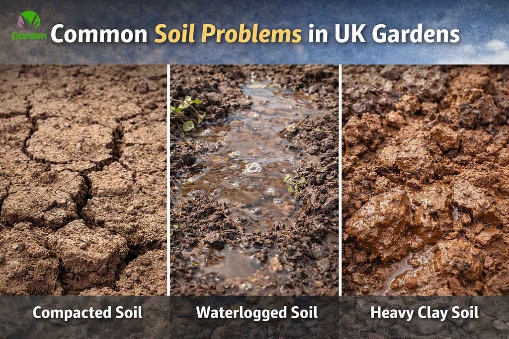 Common soil problems in UK gardens showing compacted soil, waterlogged soil and heavy clay soil that prevent plants absorbing nutrients