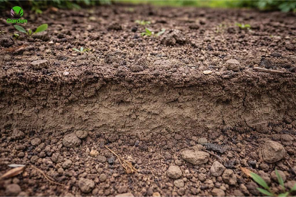 Compacted soil layer blocking drainage in a garden bed