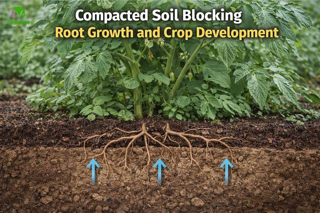 Compacted garden soil blocking vegetable roots from growing deep and supporting fruit production.