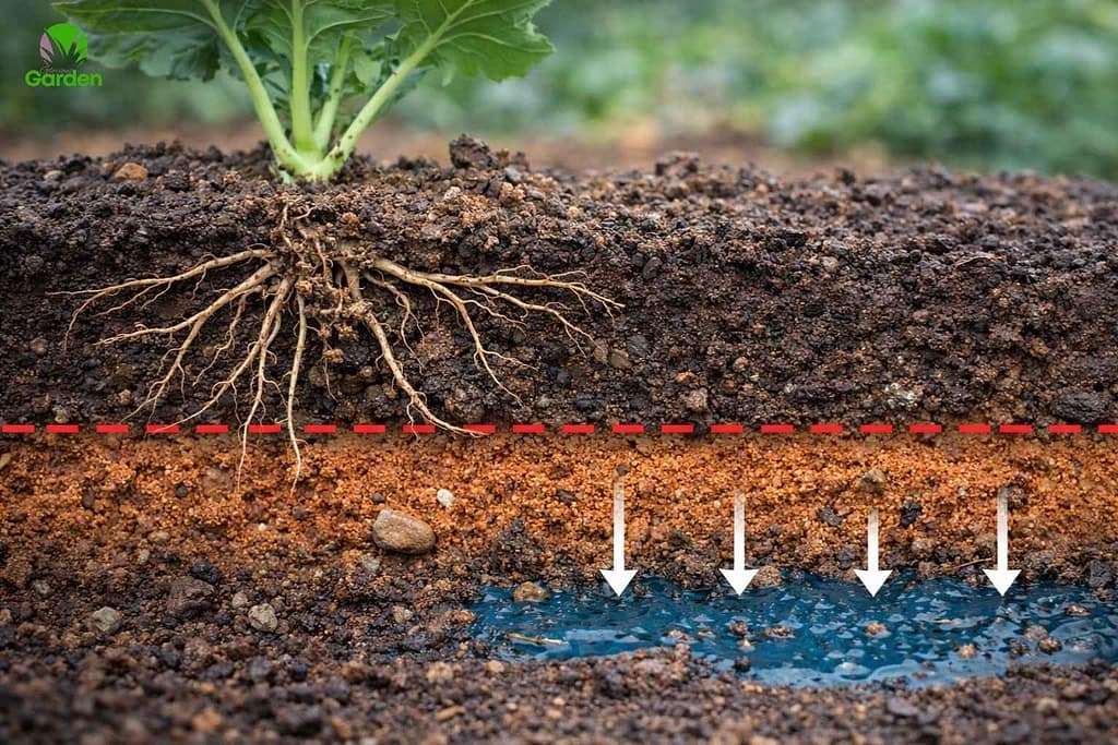 Compacted clay soil layer blocking vegetable roots from growing deep in heavy UK garden soil.