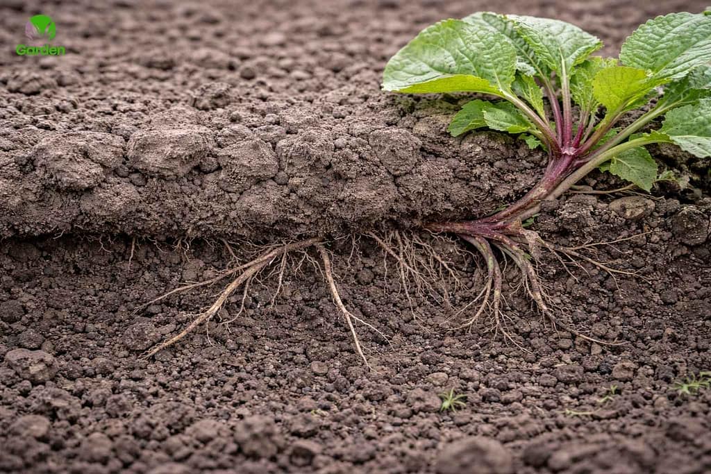 Compacted soil in a UK garden bed affecting vegetable plant growth