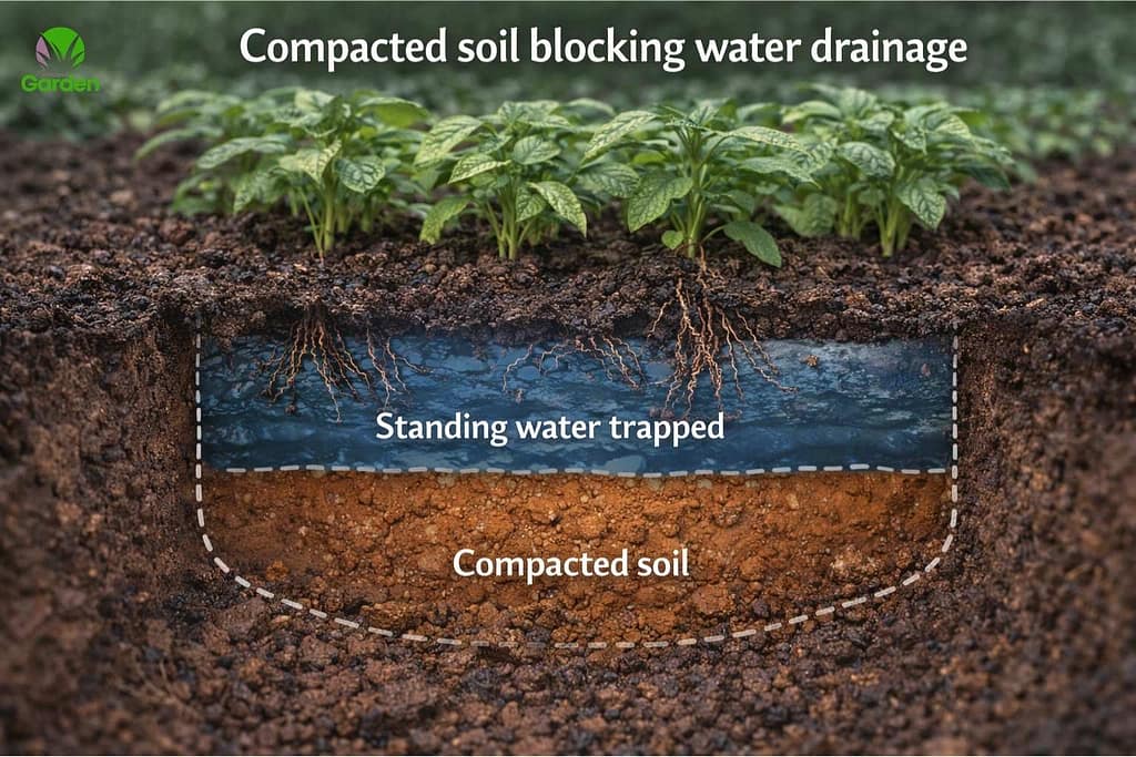 Compacted soil layer in a UK garden blocking drainage and trapping standing water above causing roots to sit in waterlogged soil