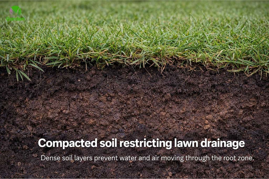 Compacted soil beneath lawn grass blocking proper drainage