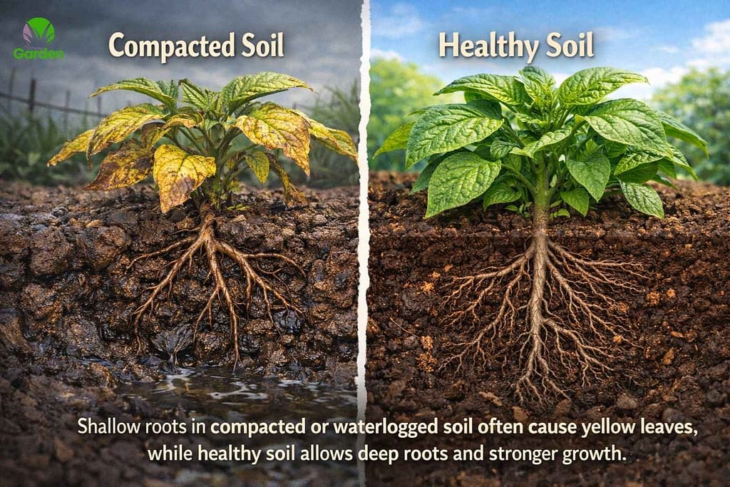Compacted waterlogged soil restricting vegetable roots compared with healthy loose soil supporting deep roots and green growth in UK gardens