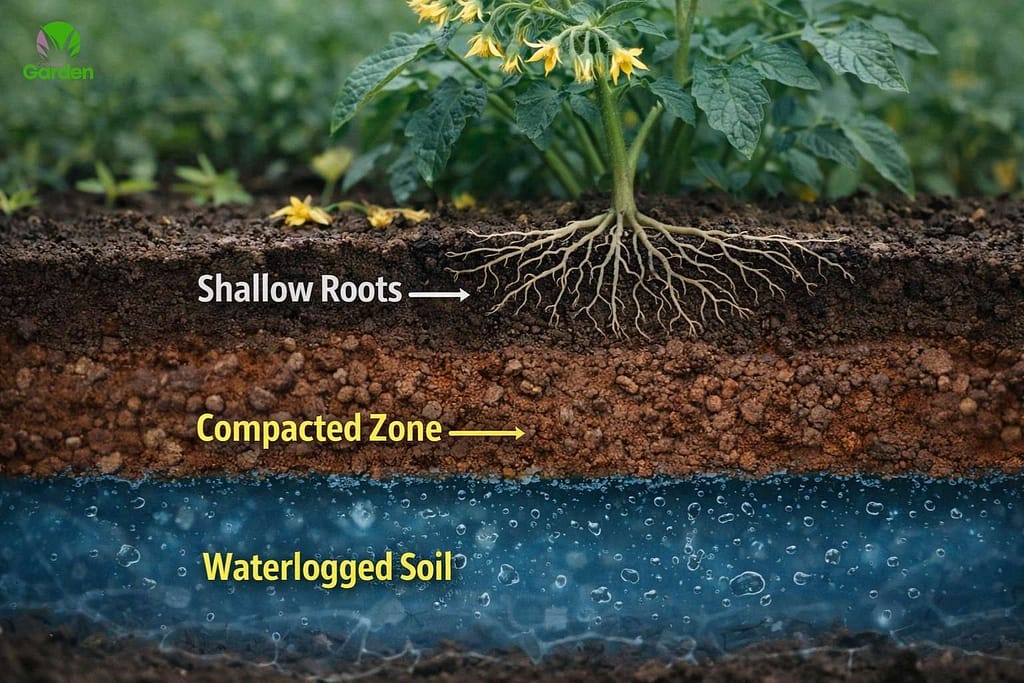Shallow vegetable roots trapped above compacted soil and waterlogged ground preventing crop development.