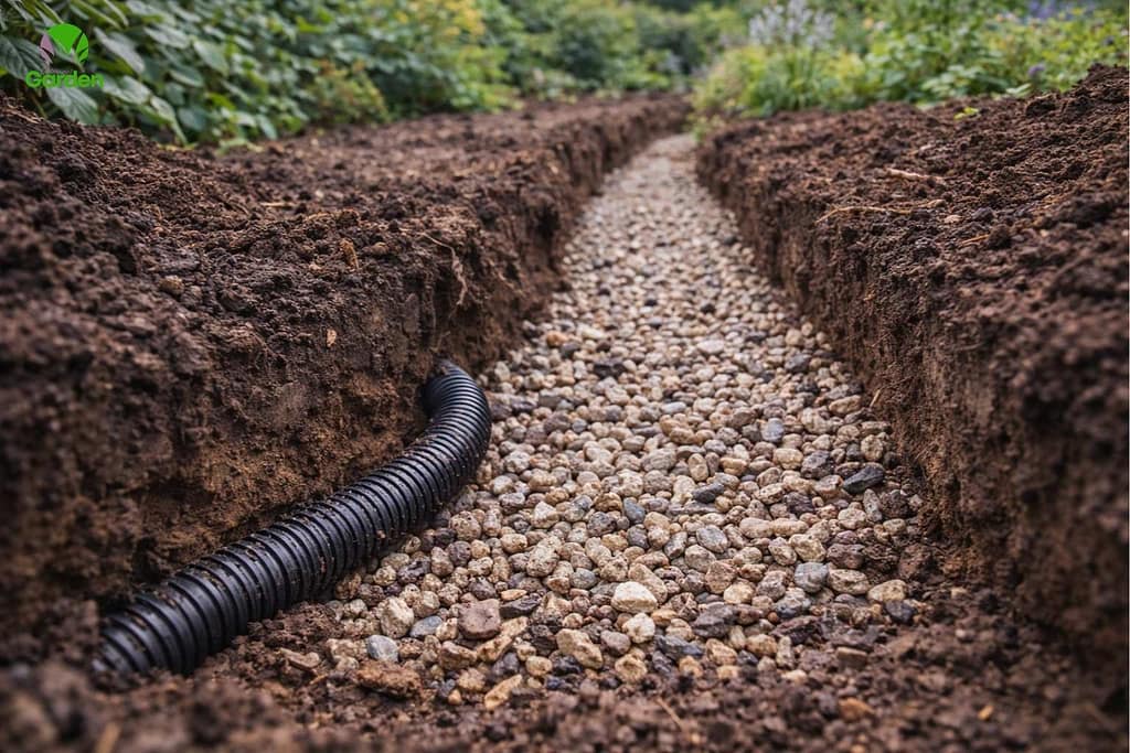 French drain trench in a garden filled with gravel and drainage pipe