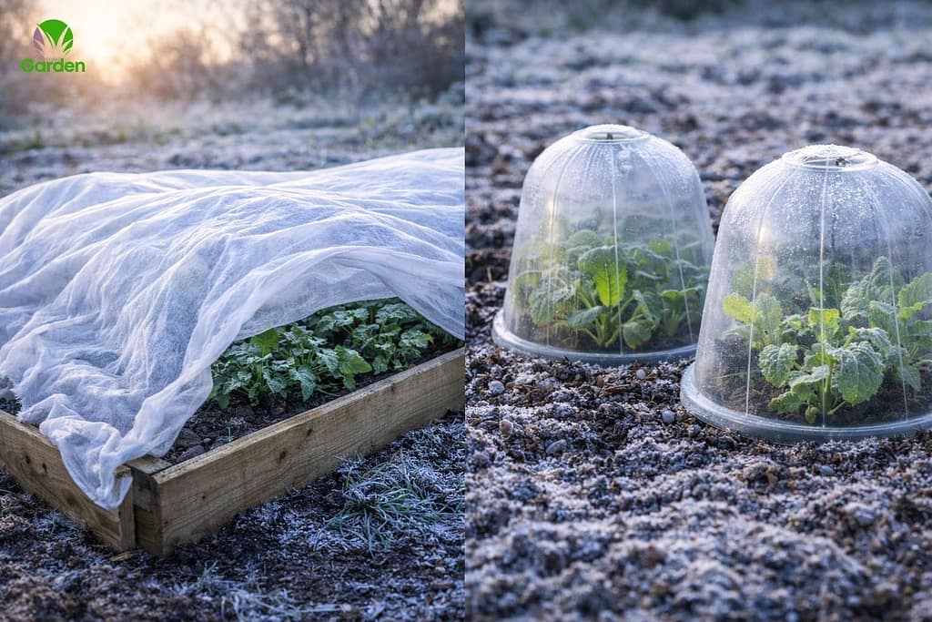 Vegetable plants protected from late frost using garden fleece and plastic cloches in early spring.