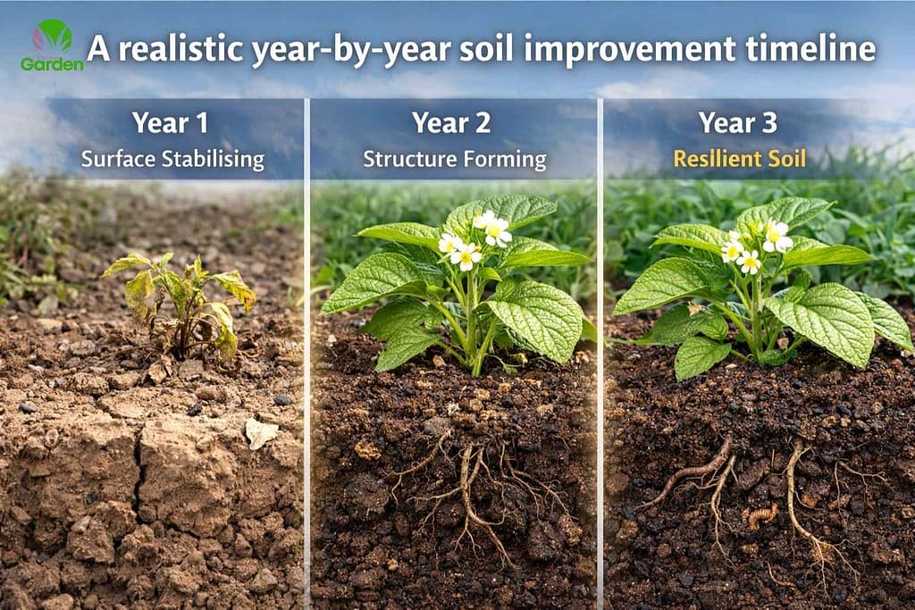 Garden soil improvement timeline in the UK showing soil structure improving from compacted soil in year one to healthy resilient soil by year three