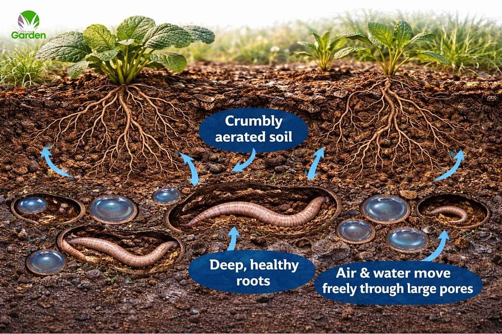 Healthy aerated garden soil with deep vegetable roots allowing air and water to move freely in UK gardens.