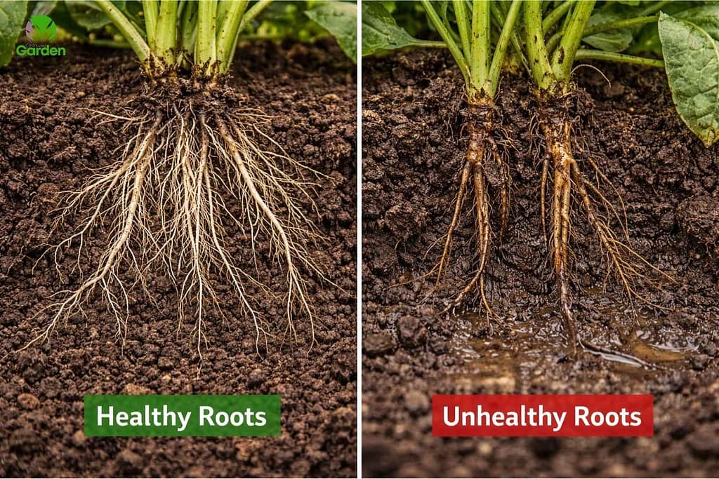 Healthy vegetable plant roots compared with unhealthy roots in compacted wet soil in a UK garden