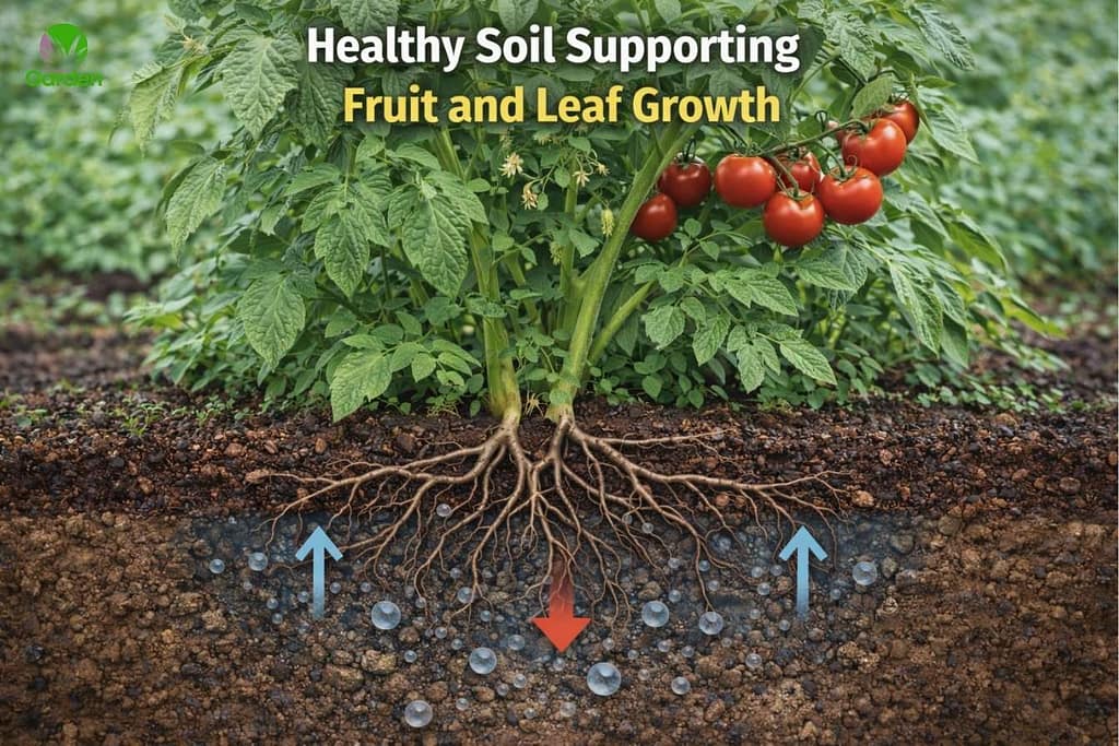 Healthy vegetable plant with deep roots in well-drained soil supporting both leafy growth and fruit production.