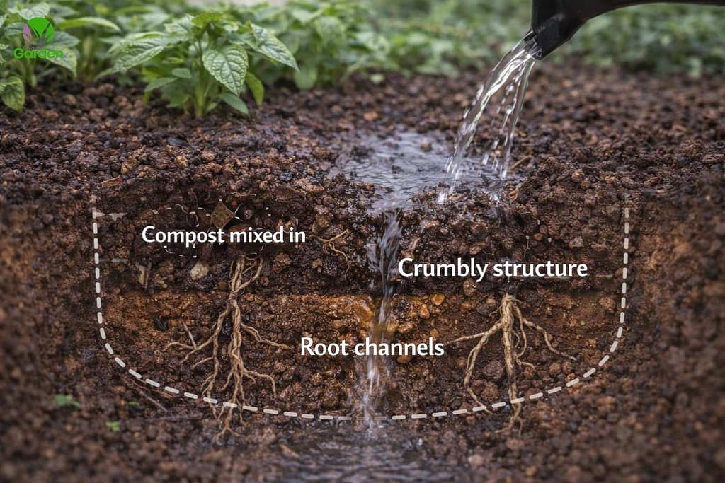 Healthy garden soil in the UK with crumbly structure and compost allowing water to drain naturally through root channels