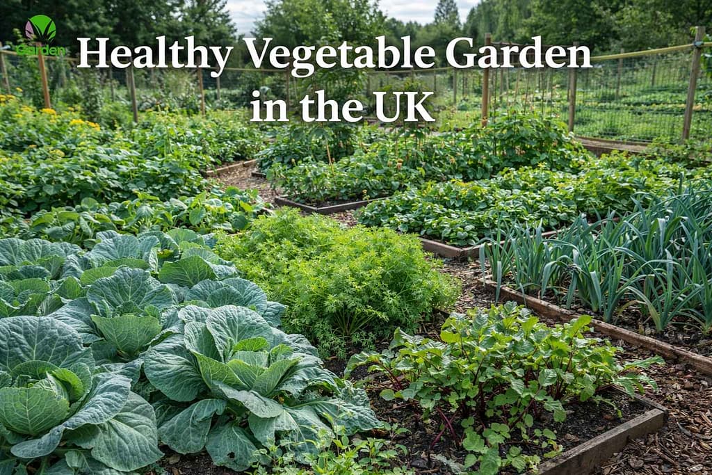 Healthy productive vegetable garden in the UK showing strong growth after improving soil structure and drainage.