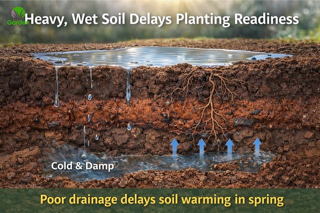 Heavy wet garden soil staying cold in spring with poor drainage delaying planting readiness.