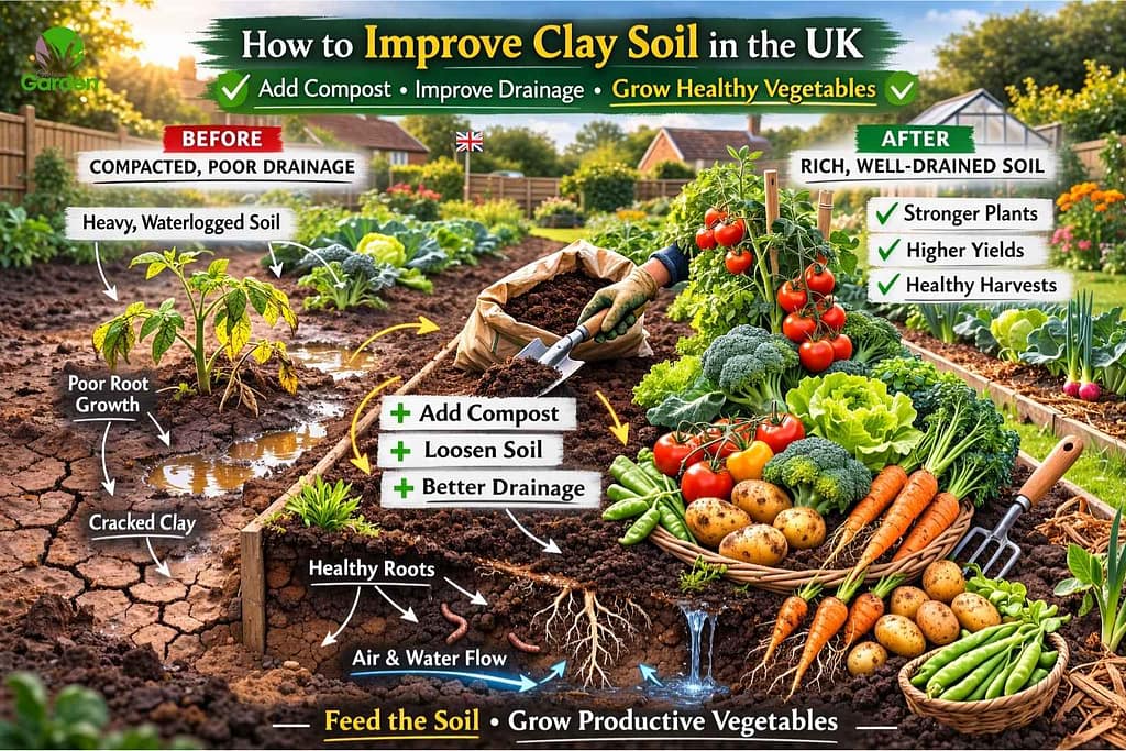 Improving clay soil in a UK vegetable garden by adding compost to create better drainage, healthier roots and stronger plant growth