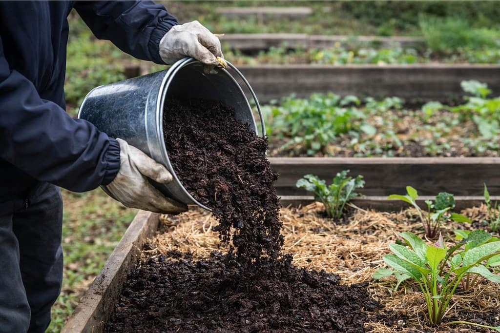 Improving garden soil in the UK by adding compost and mulch to raised vegetable beds to support healthy root growth