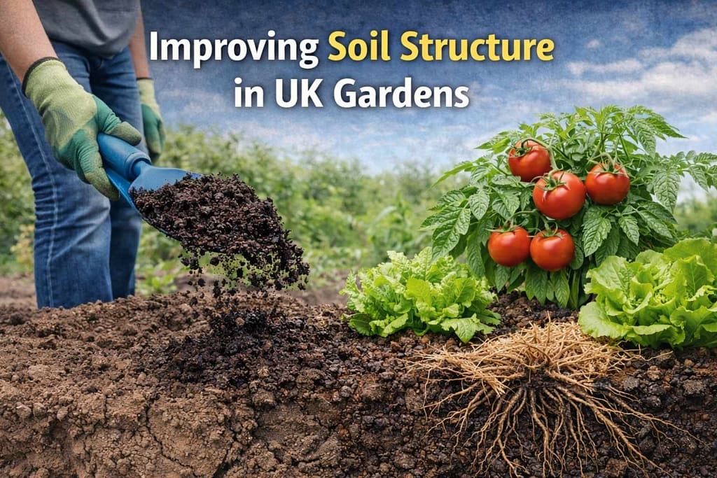 Improving soil structure in a UK garden by adding compost and mulch to vegetable beds to support healthy root growth