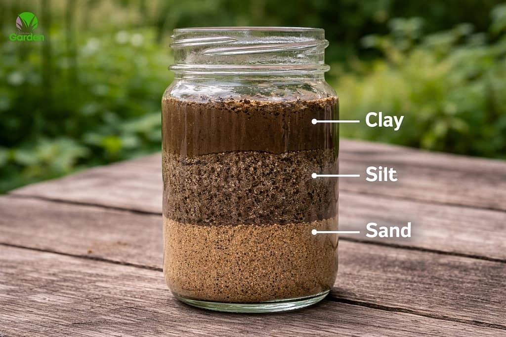 Jar test showing distinct layers of sand, silt and clay in garden soil