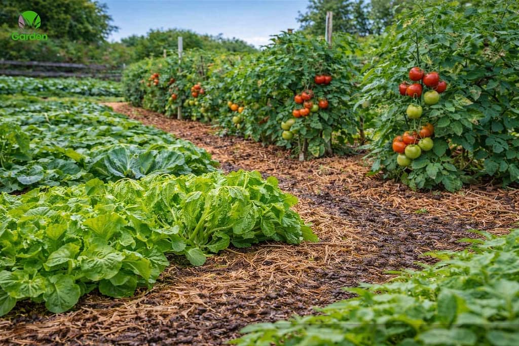 Mulched vegetable bed in a UK garden showing healthy plants and steady soil moisture
