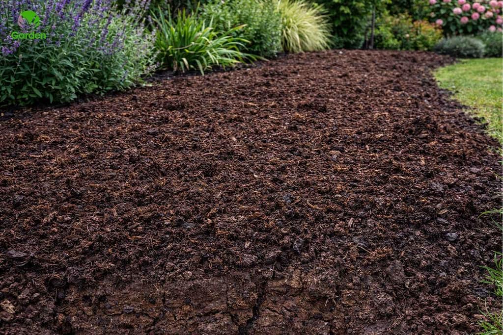 Compost mulch spread over garden soil to improve drainage and soil structure
