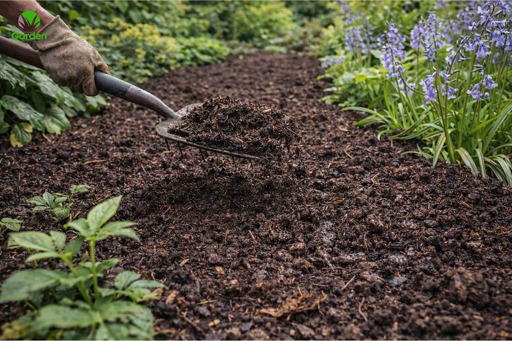 Compost mulch spread over garden soil to improve drainage and soil structure
