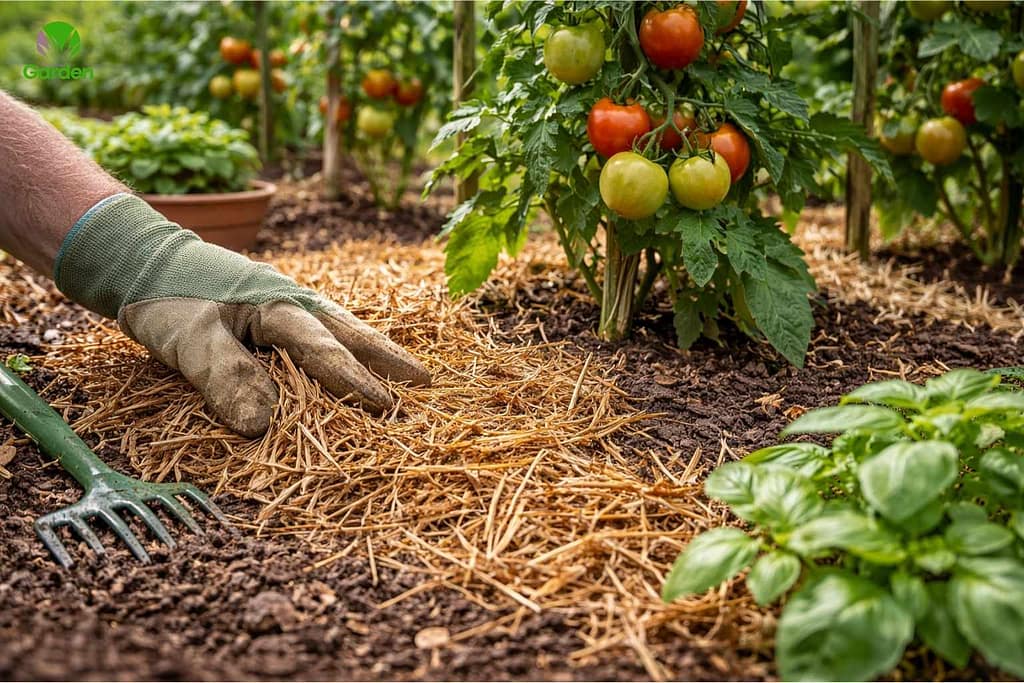 Gardener applying organic mulch around vegetable plants to protect soil and improve plant health in a UK garden