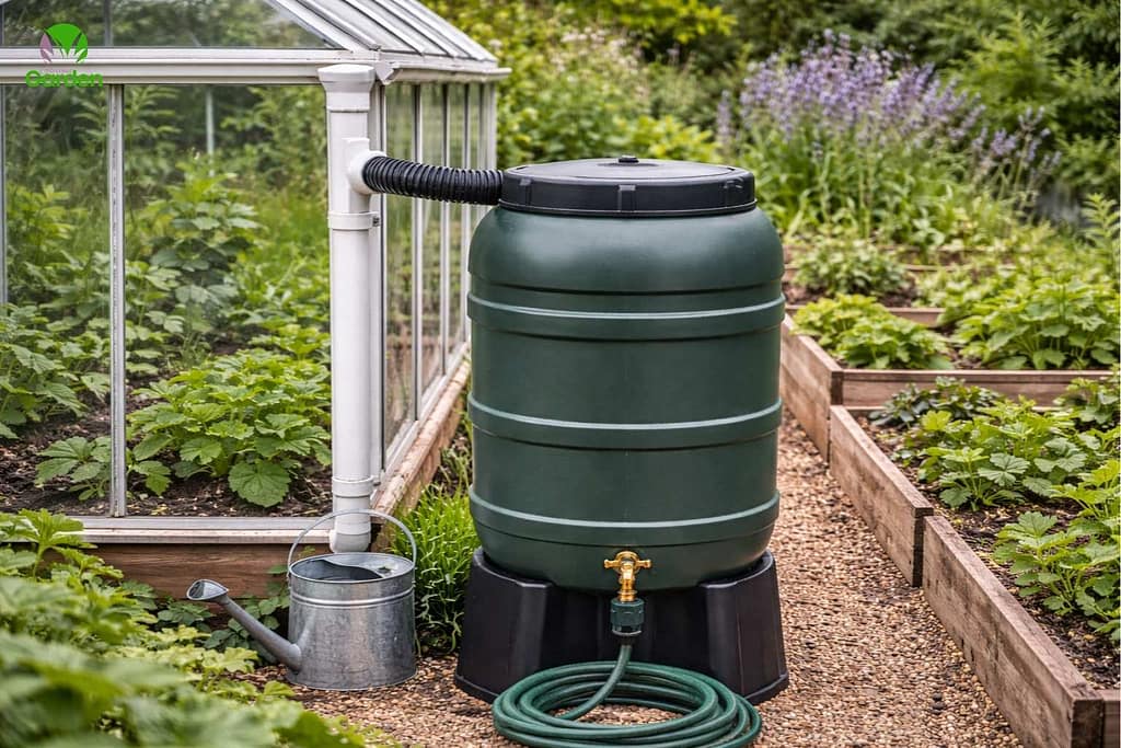 Rainwater butt collecting roof runoff in a garden to manage excess water