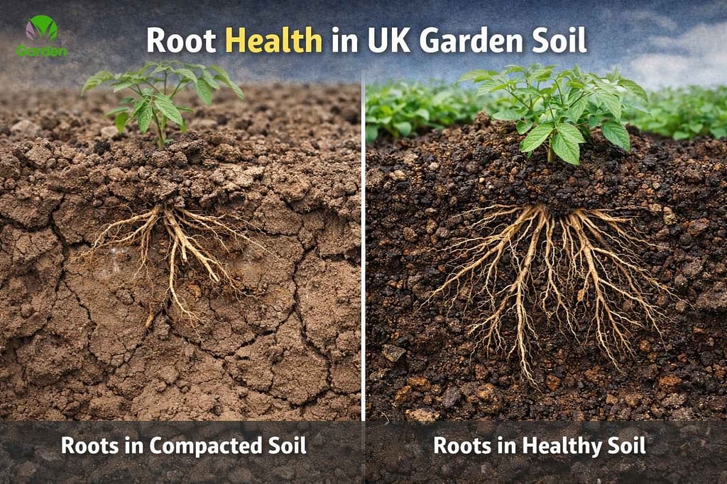 Root health comparison in UK garden soil showing shallow roots in compacted soil versus deep healthy roots in improved soil