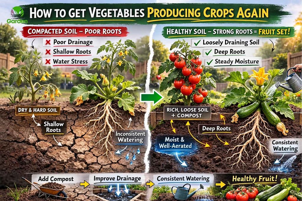 Soil and root stress comparison in UK vegetable garden showing compacted soil with shallow roots versus healthy soil with deep roots and good crop production