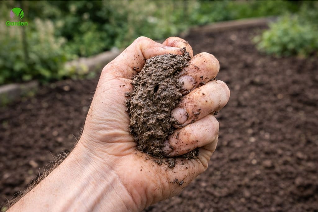 Hand squeezing moist clay soil during a garden soil identification test in the UK